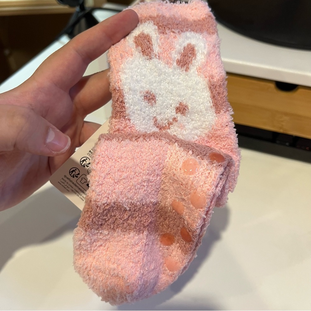 Miniso Cute Pink Bunny Fuzzy Grip Socks